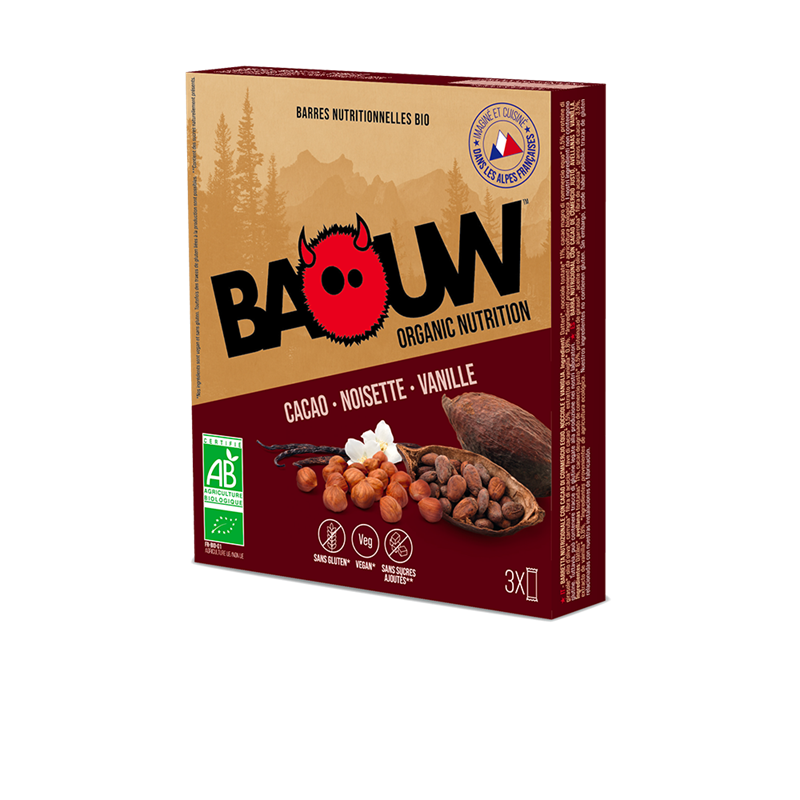 BAOUW 3 BARRES CACAO NOISETTE VANILLE Barre énergetique