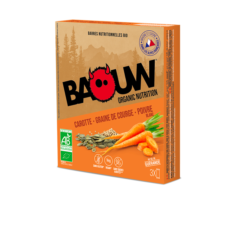 BAOUW 3 BARRES CAROTTE GRAINE DE COURGE POIVRE BLANC  Barre énergetique