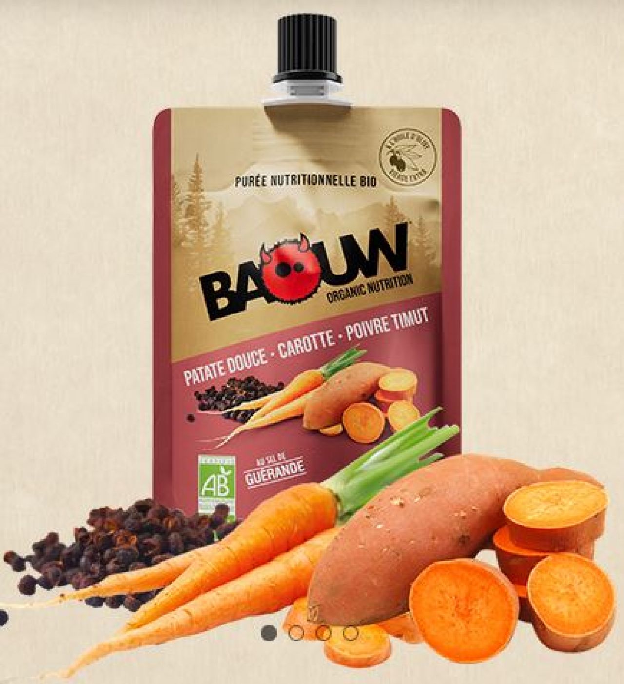 BAOUW  PUREE SALEE PATATE DOUCE CAROTTE POIVRE TIMUT 90G Compote  énergetique