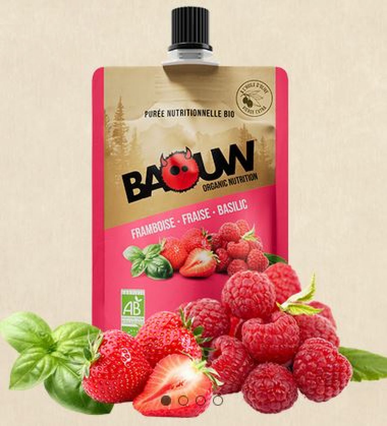BAOUW  PUREE FRAMBOISE FRAISE ET BASILIC 90g Compote  énergetique