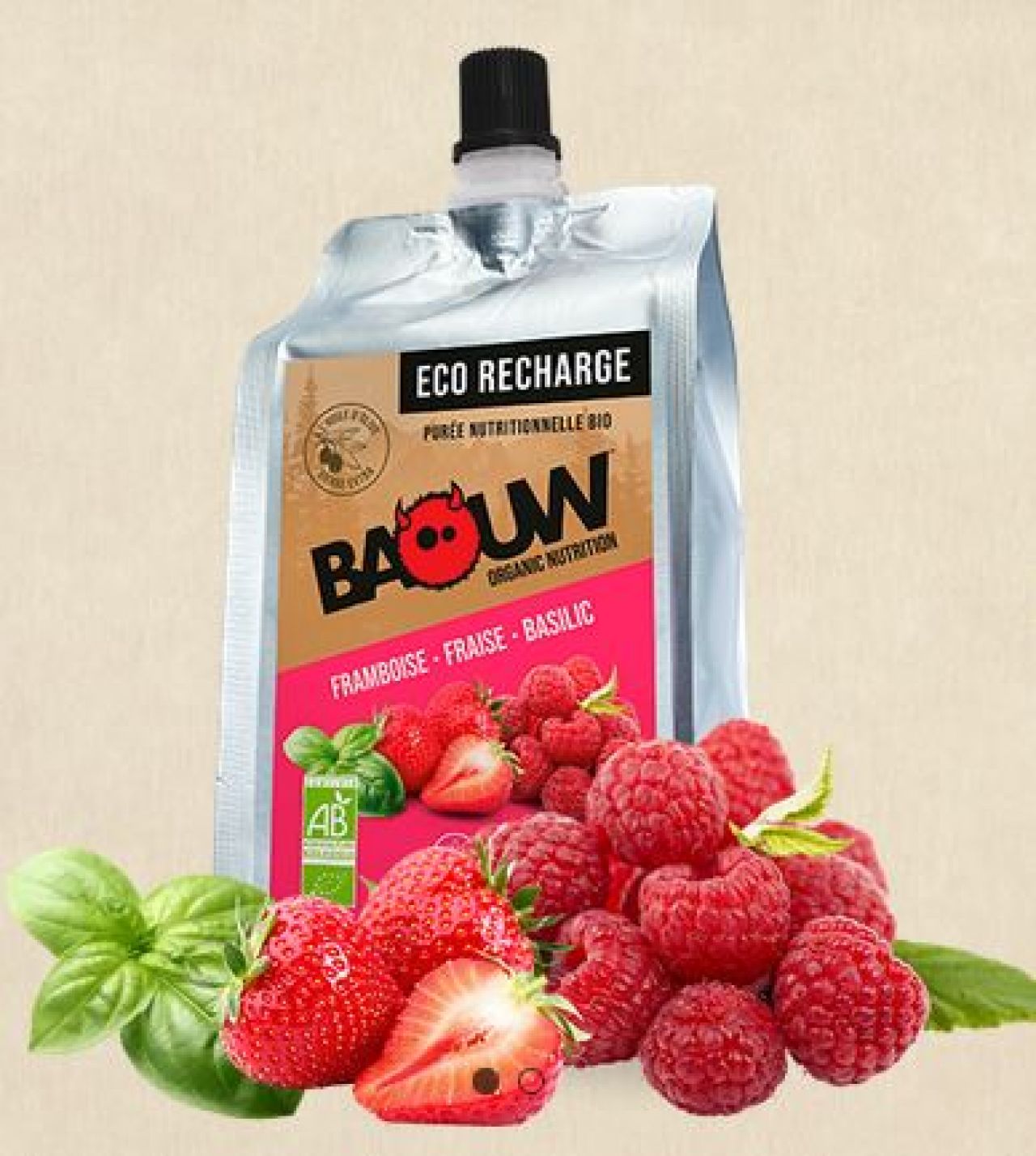 BAOUW ÉCO-RECHARGE XXL 330g FRAMBOISE - FRAISE - BASILIC Compote  énergetique