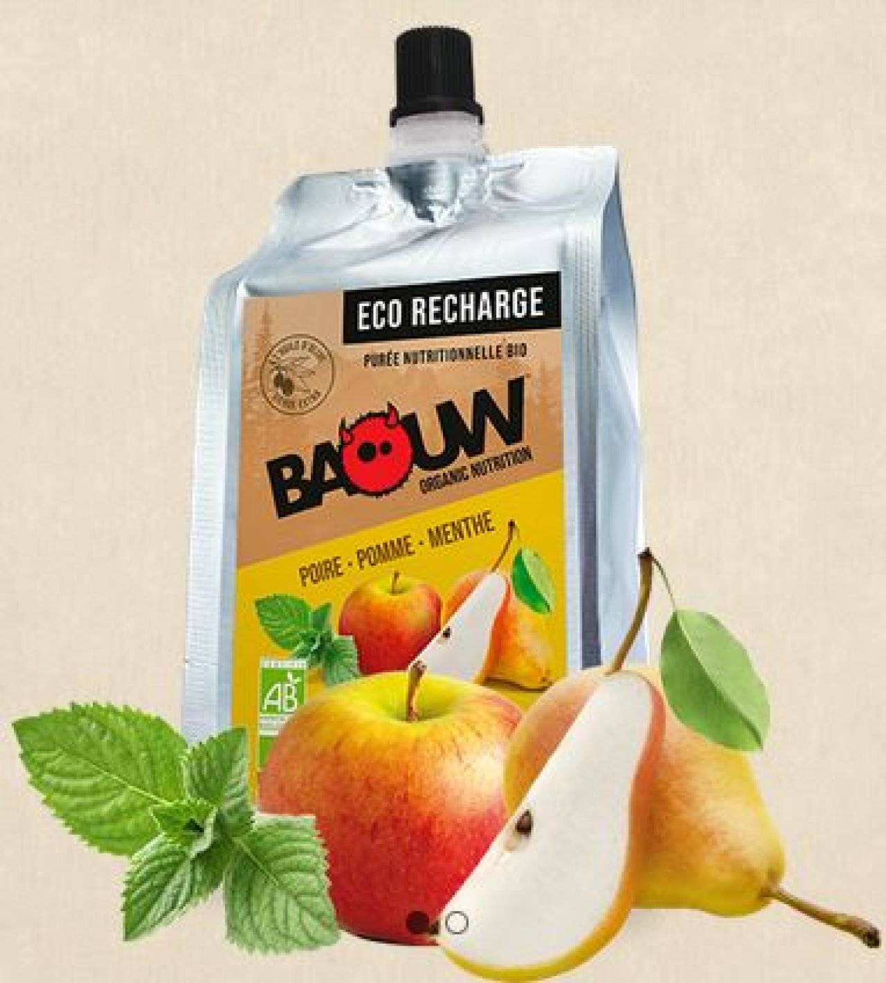 BAOUW ÉCO-RECHARGE XXL 330g POIRE - POMME - MENTHE  Compote  énergetique