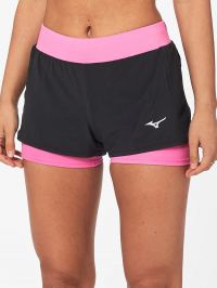 MIZUNO SHORT  TRAILER 2 EN 1 NOIR ET ROSE Short Running  avec sous short intégré pas cher