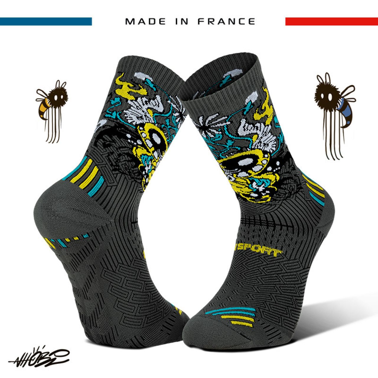 BV SPORT CHAUSSETTE RUN COLLECTOR NHOBI ABEILHINHAS GRISE Made in France