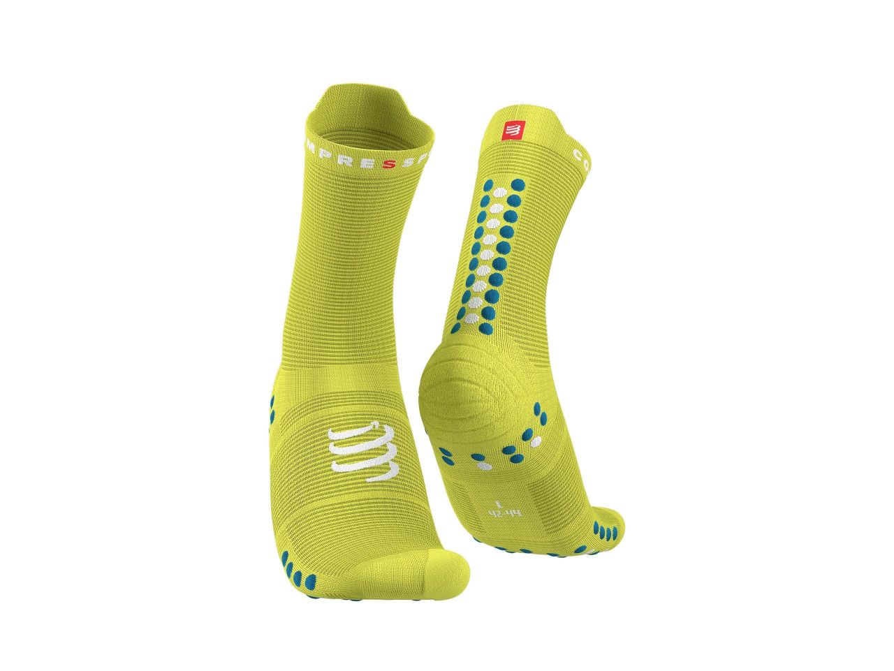 COMPRESSPORT PRO RACING SOCKS V4.0 RUN HIGH PRIMROSE ET FJORD BLUE Chaussettes running