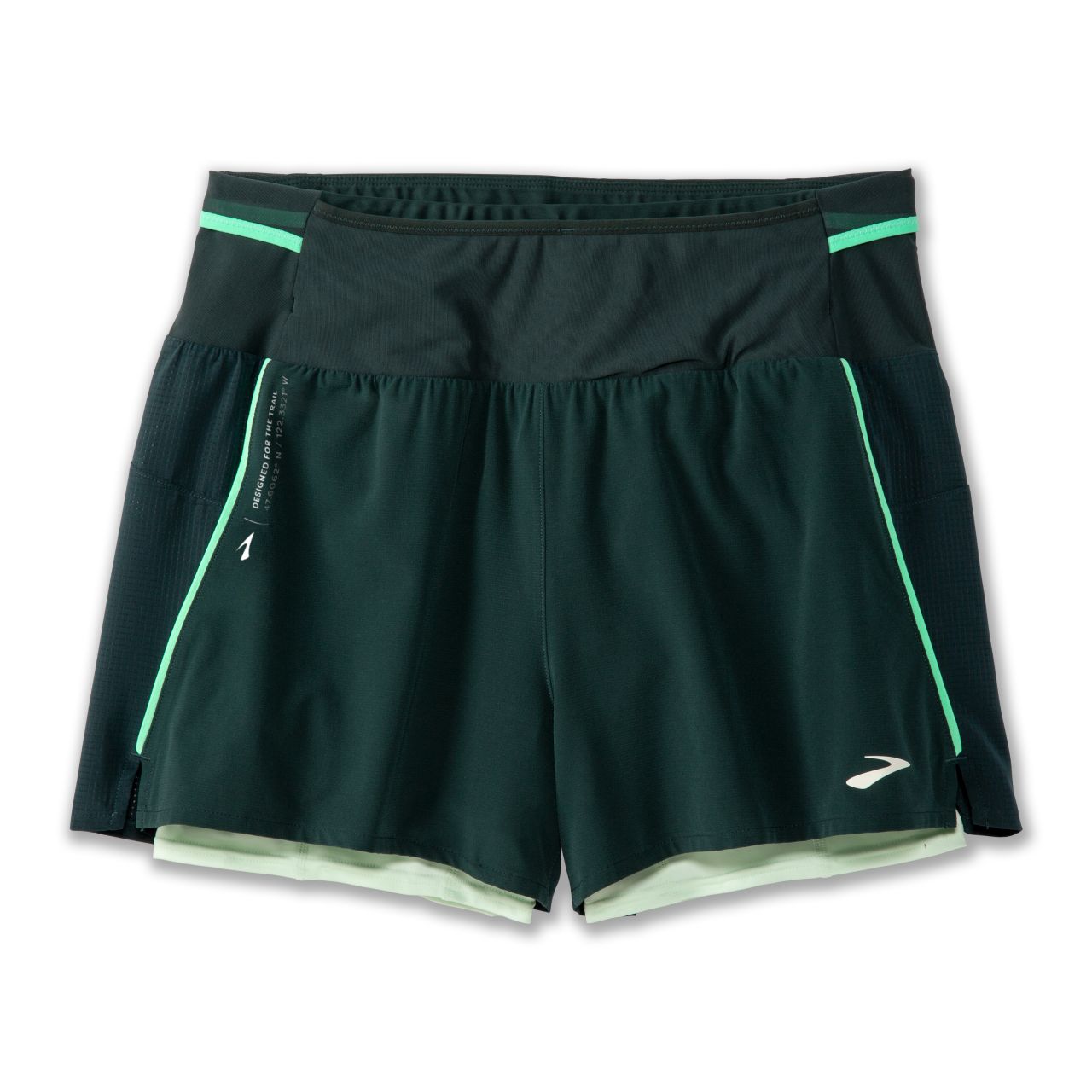 BROOKS SHORT HIGH POINT  3 POUCES 2 EN 1 CARBON ET GLACIER GREEN  Short trail brooks