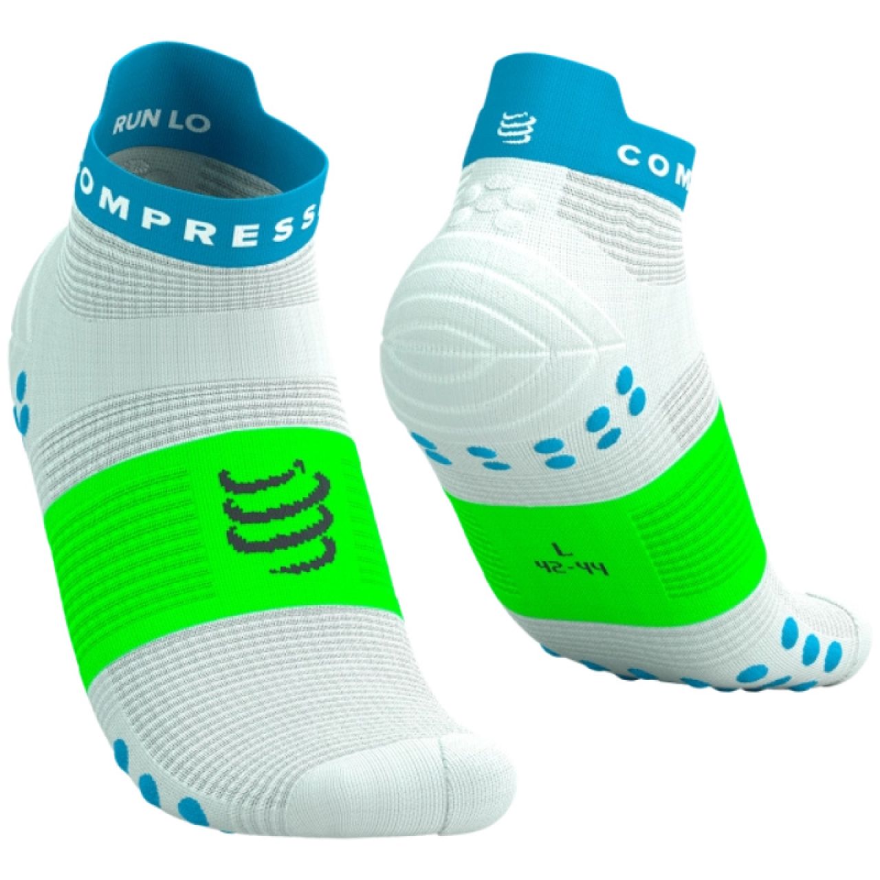 COMPRESSPORT PRO RACING SOCKS V4.0 RUN LOW WHITE , NORSE BLUE ET NEON GREEN  Chaussettes running