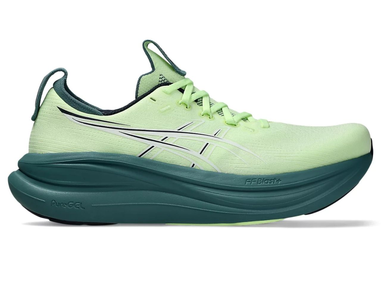 ASICS GEL NIMBUS 28 ILLUMINATE YELLOW ET FOGGY TEAL Chaussure running asics