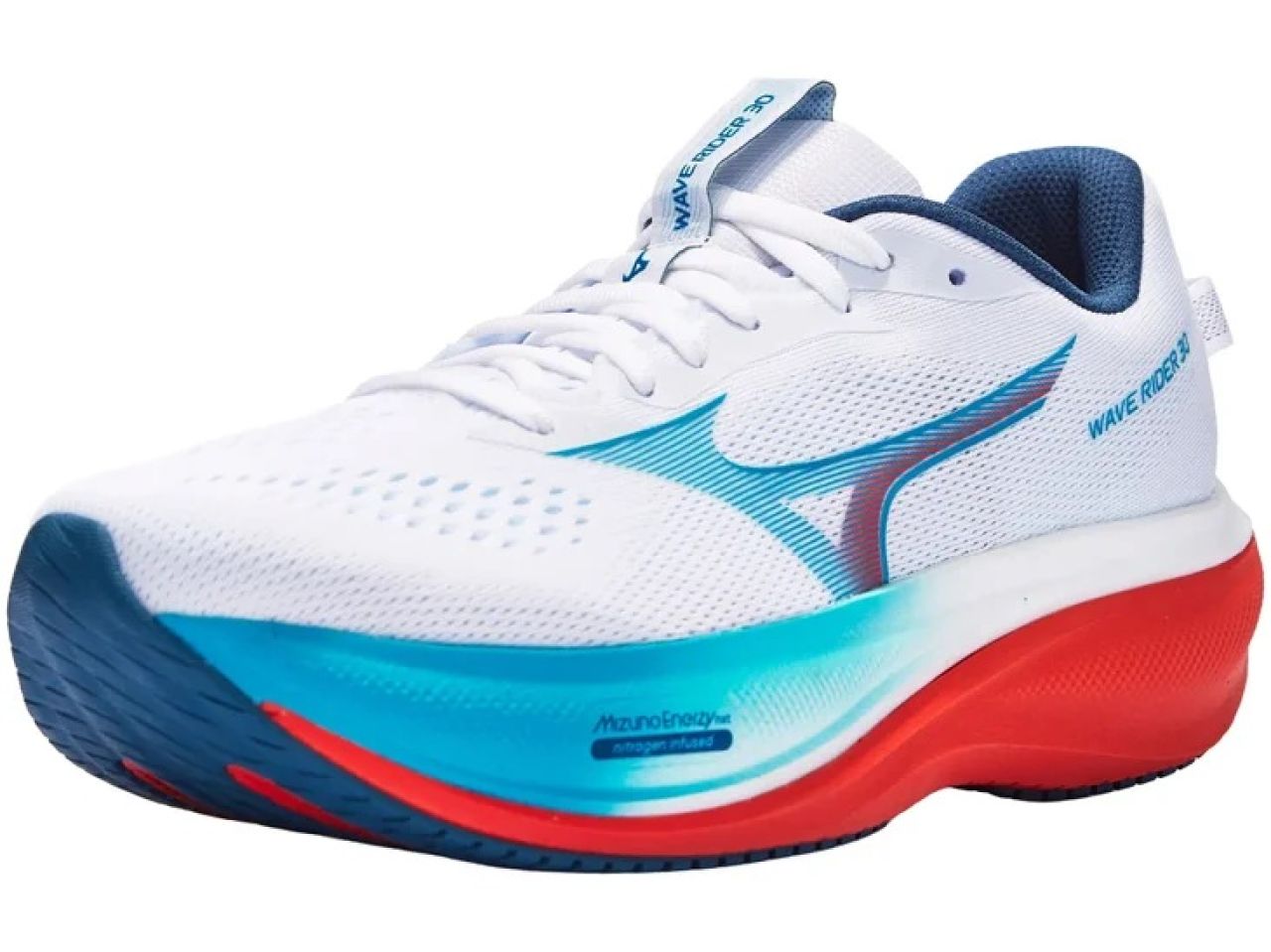 MIZUNO WAVE RIDER 30 WHITE , BLUE JEWEL ET ORANGE  Chaussures de running